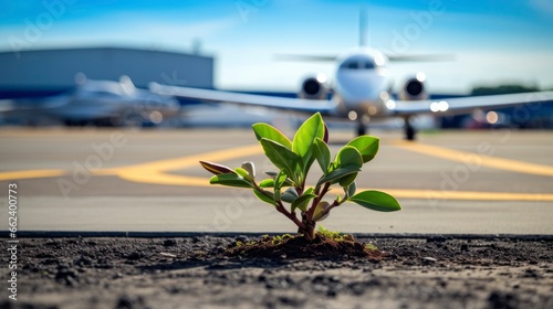 Fotografija Green plant growing on the airport with a business private jet behind, emphasizing the environmental impact of aviation
