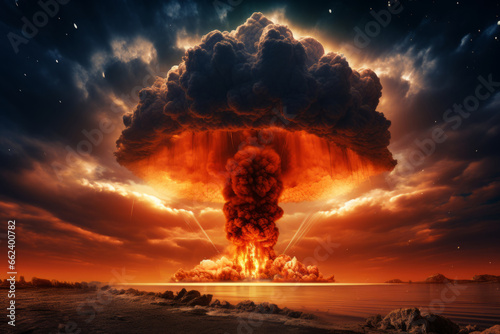 Terrible atomic explosion of a nuclear bomb with a mushroom cloud of radioactive dust. Hydrogen bomb test. Generative AI