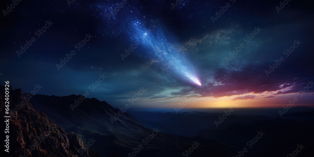 Night mountain view with the galaxy and the starts on the sky and a comet passing