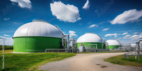 Green biogas anaerobic digestion and storage tanks. Renewable energy sources and carbon neutral power generatio concept. photo