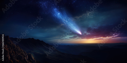 Night mountain view with the galaxy and the starts on the sky and a comet passing