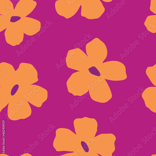 Seamless pattern of orange flowers on purple background, vector simple repeating floral background