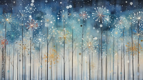 Christmas winter snowflake firework flowers, ice cold blue petals blooming, celebration holiday Xmas night stars.
