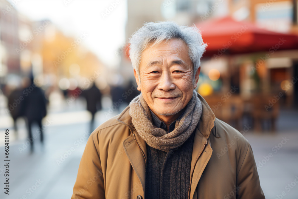 asian portrait of an elderly man looking at the camera on the street, adult asian people. ai generative - obrazy, fototapety, plakaty 