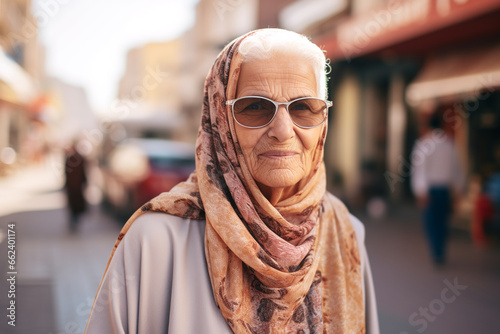 Arabic portrait of an elderly woman looking at the camera on the street, adult Arab people. ai generative