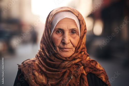 Arabic portrait of an elderly woman looking at the camera on the street, adult Arab people. ai generative