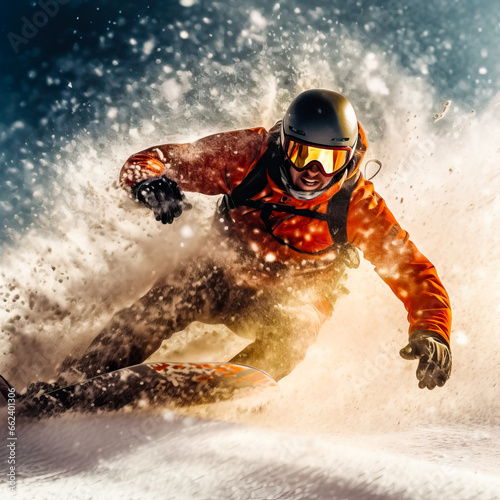 Image of a snowborder descending a ski pole at full speed... Winter sport concept.