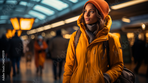 beautiful young woman with backpack and headphones walking on platform at subway station, waiting for passengers