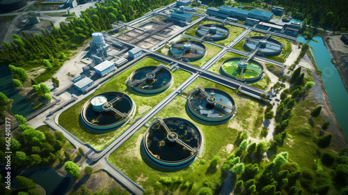 An aerial view of a wastewater treatment plant. ai generative