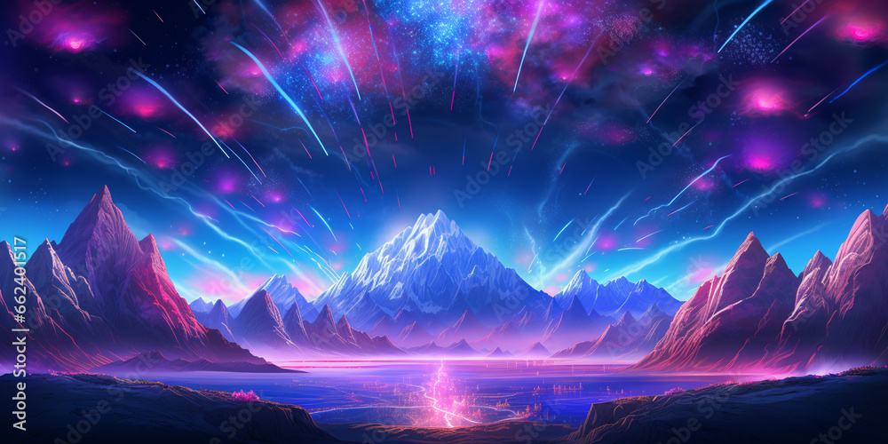Abstract neon background with pink and blue fireworks over the mountains. space landscape. ai generative