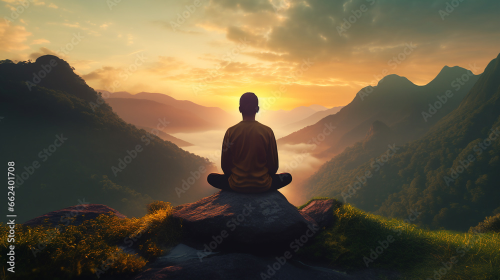 Young person meditating at dawn on a mountain with panoramic beautiful. ai generative