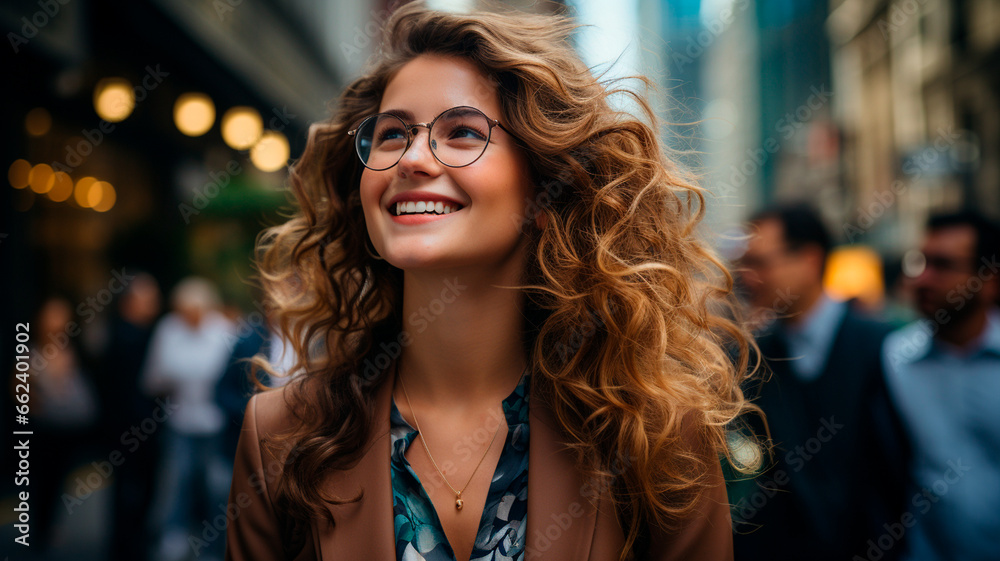 portrait of beautiful woman with curly hair in the city