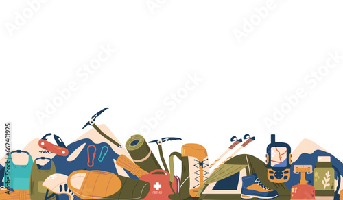 Seamless Pattern Alpinist Equipment. From Climbing Ropes To Carabiners, This Design Captures The Essence Of Adventure