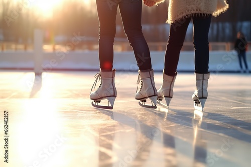 Girls on skates are standing on ice on a winter sunny day. Active recreation, healthy lifestyle, friendship.