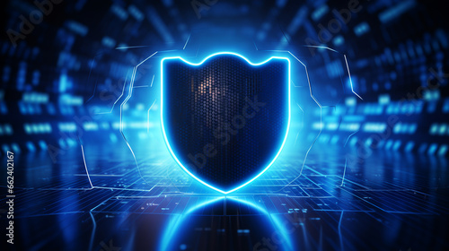 Security net and data protection concept with digital shield symbol with covered by binary code on abstract dark technological background with blue pixels. ai generative