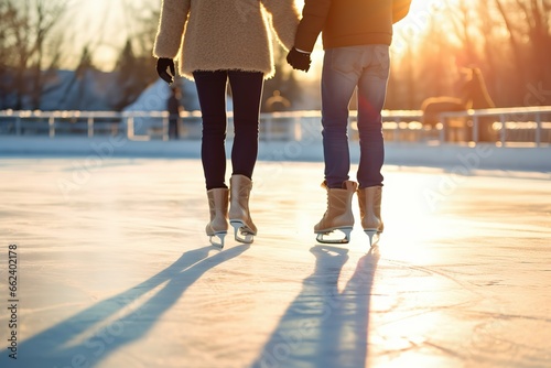 Fototapeta A young couple skating on ice in winter in the rays of the sun. Active recreation, healthy lifestyle, love, friendship.