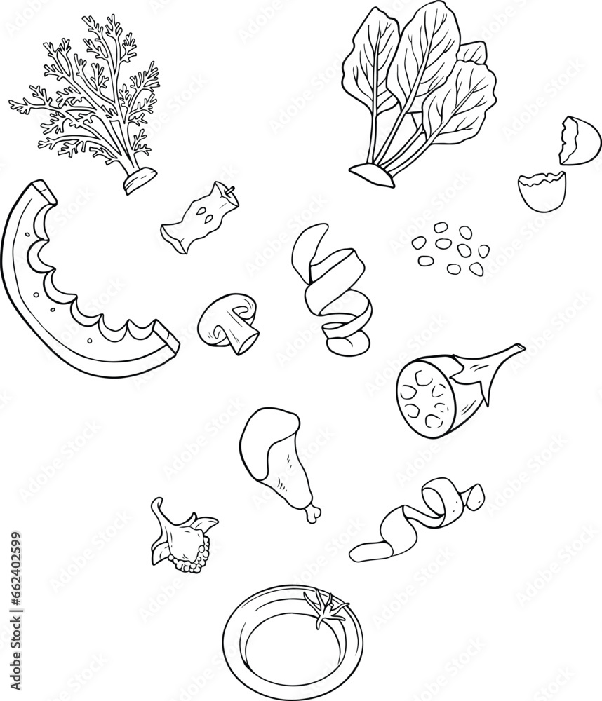 Naklejka premium Food scraps set, vegetable scraps, illustration, line vector set