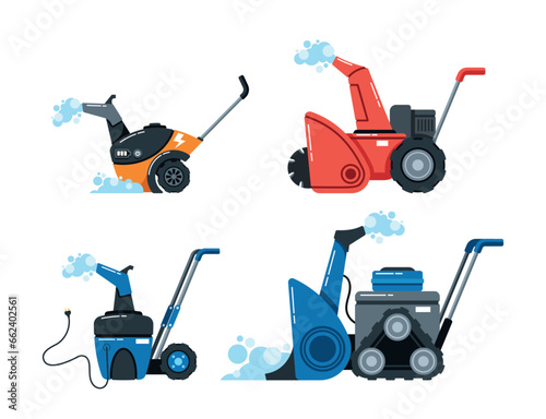 Set of Snowplow Vehicles Used To Clear Snow From Roads And Other Surfaces, Equipped With A Large Snowplow Blade