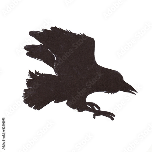 Illustration of the silhouette of a flying black raven or crow on transparent background