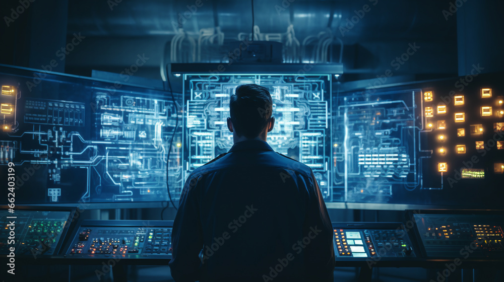 Electrical station, Central control panel of nuclear power plant reactor. ai generative - obrazy, fototapety, plakaty 