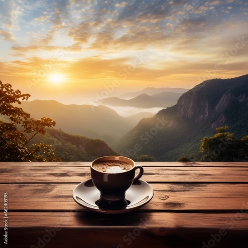 A steaming cup of morning coffee on a rustic wooden table, set against the backdrop of a sunrise over the mountains. This wide panoramic image was generated by AI.