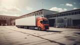 a truck stands near a warehouse with goods, transportation and delivery concept. ai generative