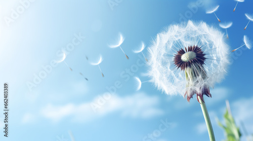 Dandelion with seeds blowing away in the wind across a clear blue sky. ai generative