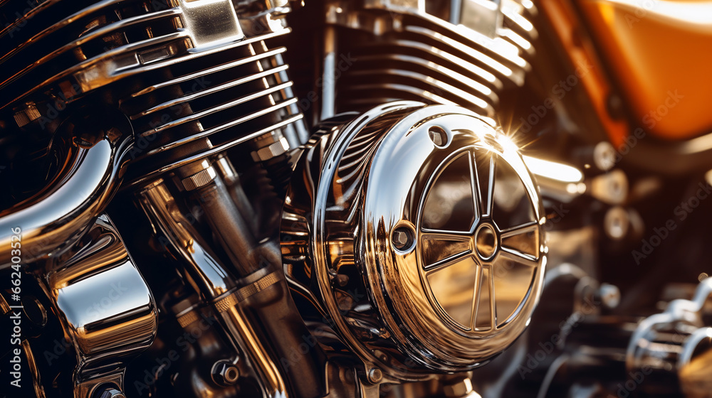 Close up view of a shiny motorcycle engine. ai generative - obrazy, fototapety, plakaty 