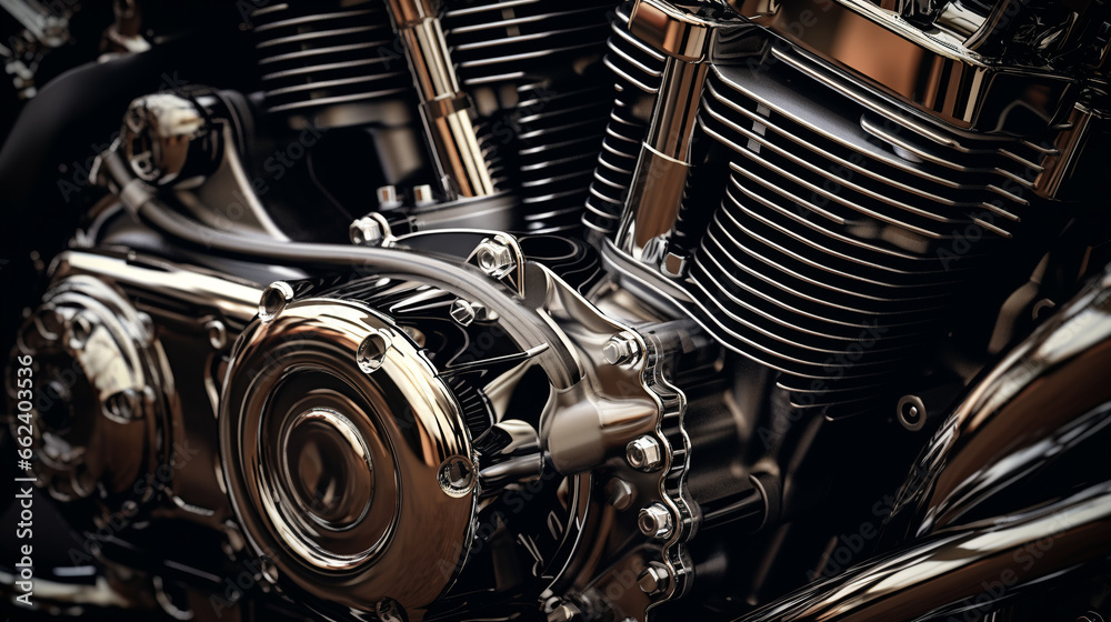 Close up view of a shiny motorcycle engine. ai generative Close up view of a shiny motorcycle engine. ai generative