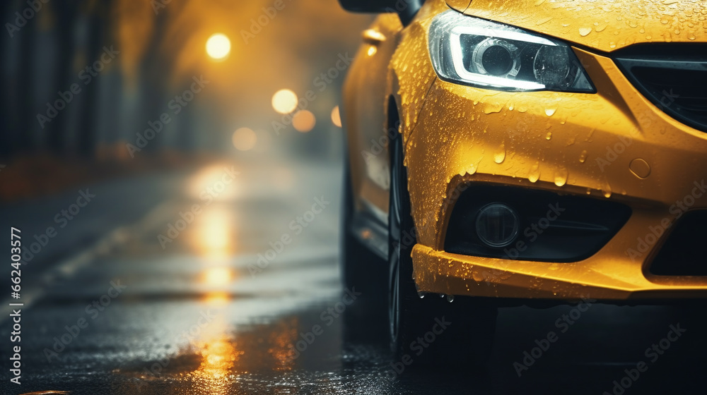 glowing fog lights of a car close-up, autumn wet road in rain and fog weather. ai generative glowing fog lights of a car close-up, autumn wet road in rain and fog weather. ai generative
