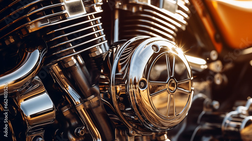 Close up view of a shiny motorcycle engine. ai generative © Oleksandr