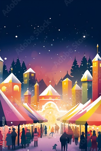A Christmas market poster with people in the foreground and stalls and the city in the background. Snow.