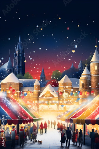 A Christmas market poster with people in the foreground and stalls and the city in the background