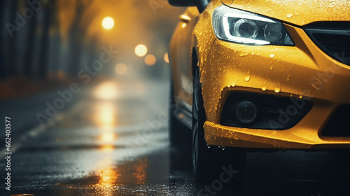 glowing fog lights of a car close-up, autumn wet road in rain and fog weather. ai generative