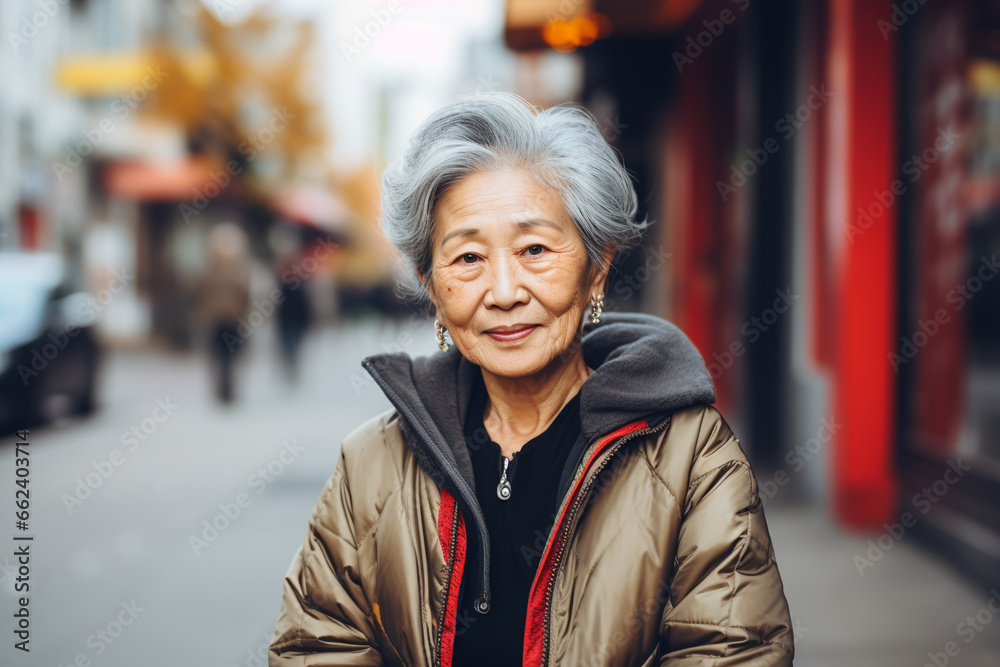 asian portrait of an elderly woman looking at the camera on the street, adult asian people. ai generative asian portrait of an elderly woman looking at the camera on the street, adult asian people. ai generative