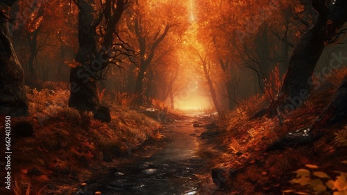 Autumn forest orange golden leaves path landscape wallpaper image AI generated art