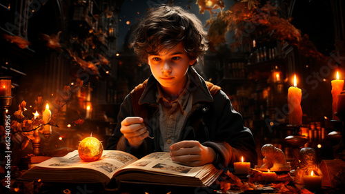 young boy with book reading book and burning candles