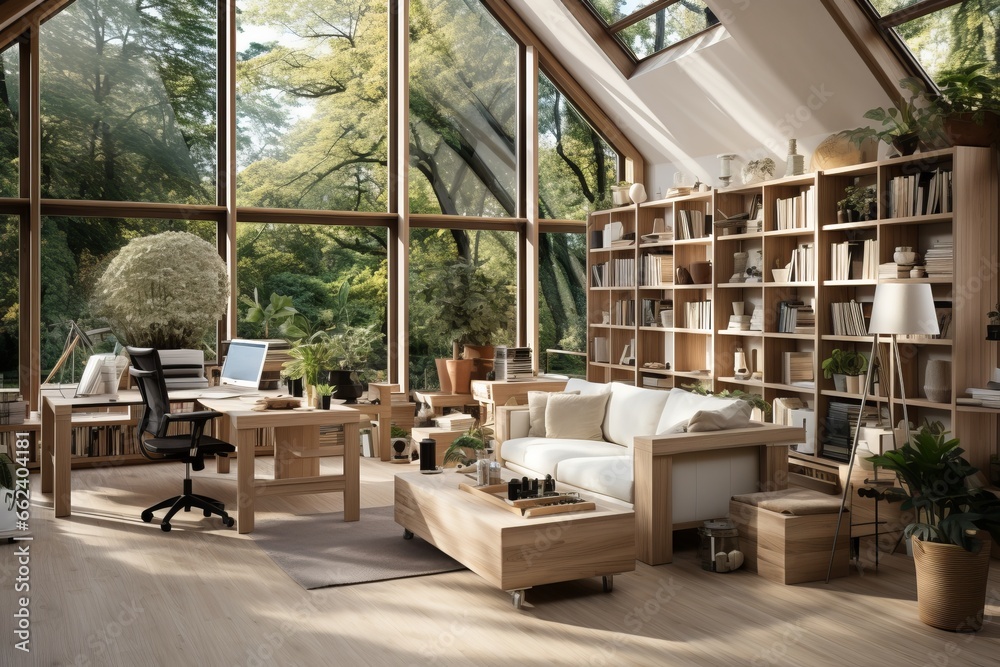 Scandinavian home office with green plants Scandinavian home office with green plants