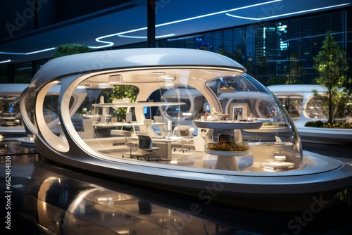 futuristic office with curved, white furniture, LED lighting, and a high - tech, space - age aesthetic