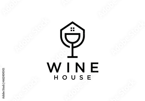 house with glass wine simple line logo vector design