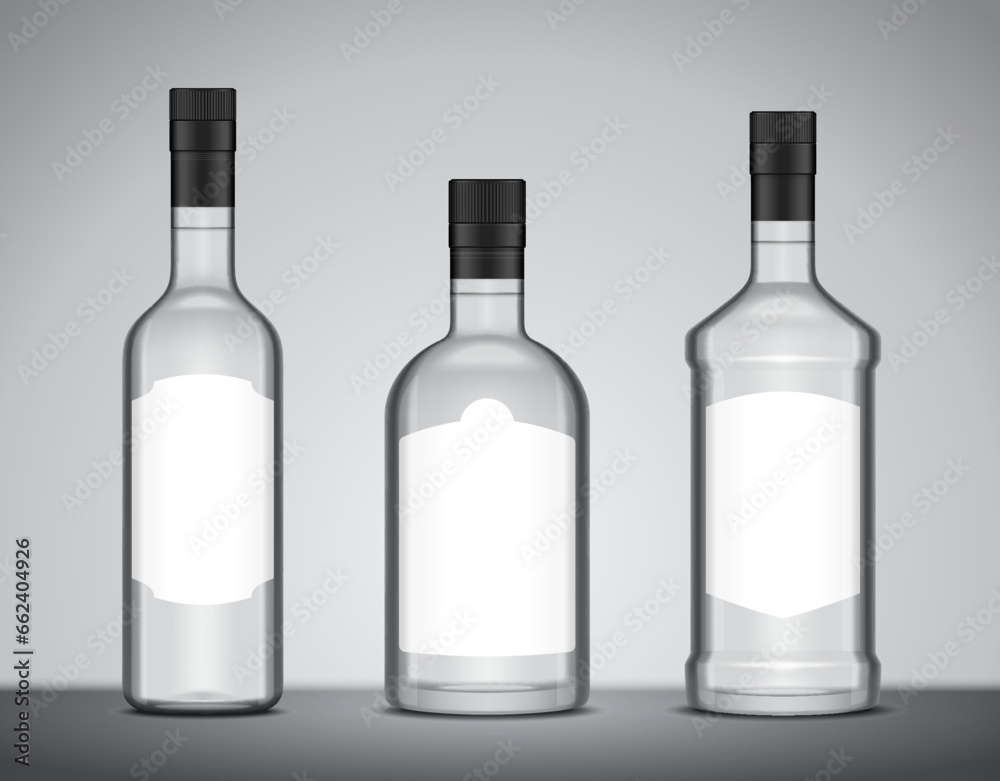 Vector alcoholic drink glass bottles with blank white labels Vector alcoholic drink glass bottles with blank white labels