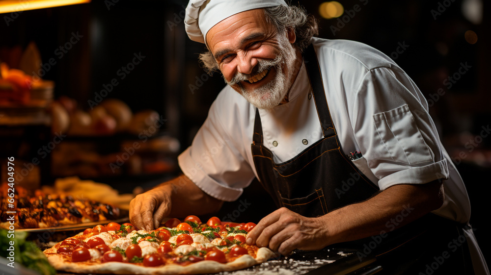senior male chef with a pizza in the kitchen