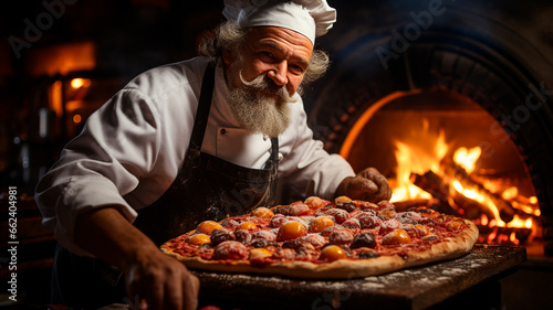 senior male chef with a pizza in the kitchen © ARAMYAN