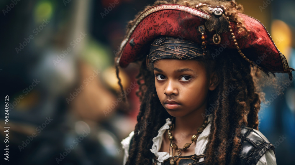 Black Girl in Pirate Costume at a Halloween Community Event Black Girl in Pirate Costume at a Halloween Community Event