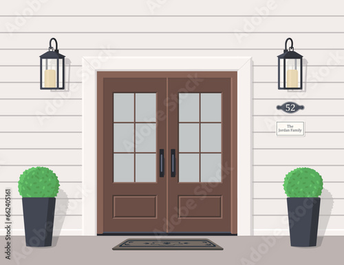 Elegant double front door with glass. Entrance to house with lanterns, plants and signs. Exterior concept for house entrances. Cartoon flat style. Vector illustration