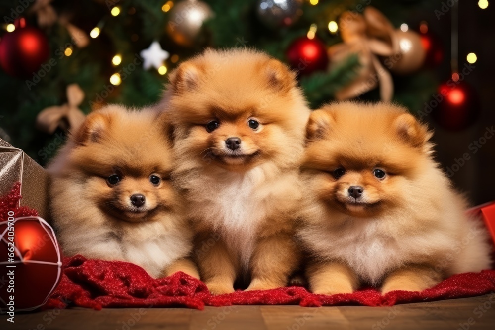 Beautiful puppies are sitting under the Christmas tree among the gifts Beautiful puppies are sitting under the Christmas tree among the gifts