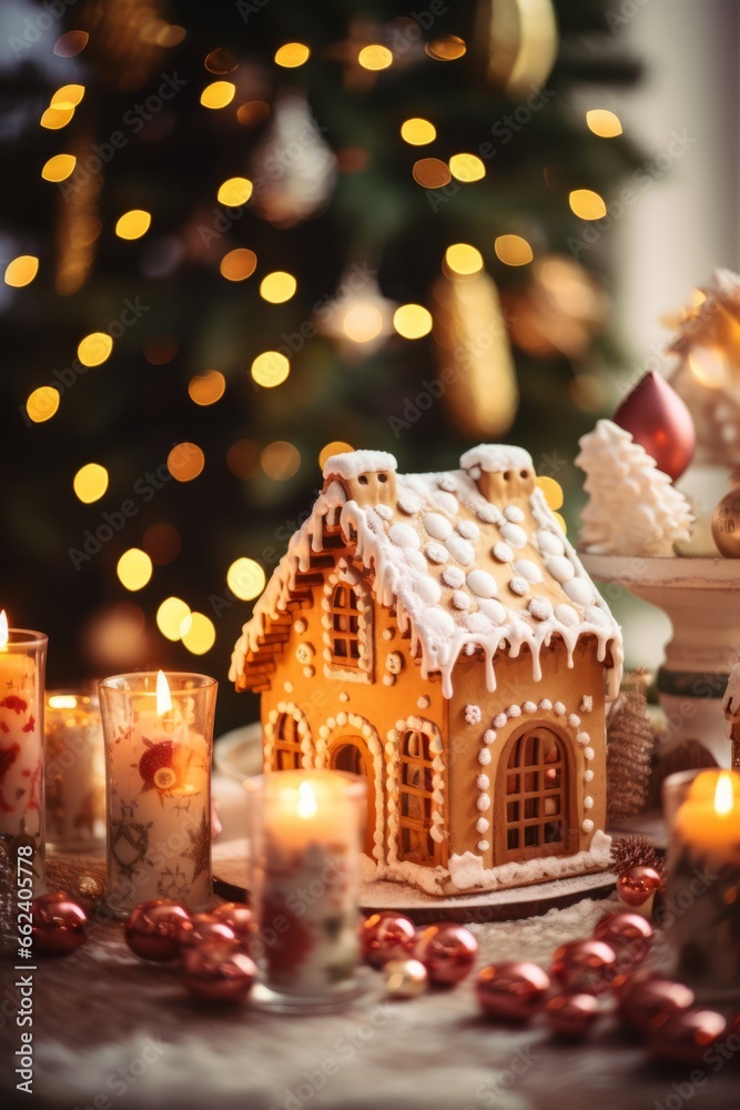 Beautiful New Year gingerbread house decorated with icing sugar, Christmas decor