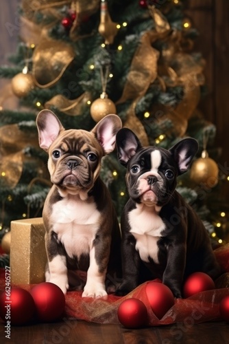 Beautiful French bulldog puppies under the Christmas tree among the gifts © Good AI