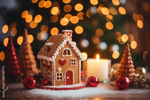 Beautiful New Year gingerbread house decorated with icing sugar, Christmas decor