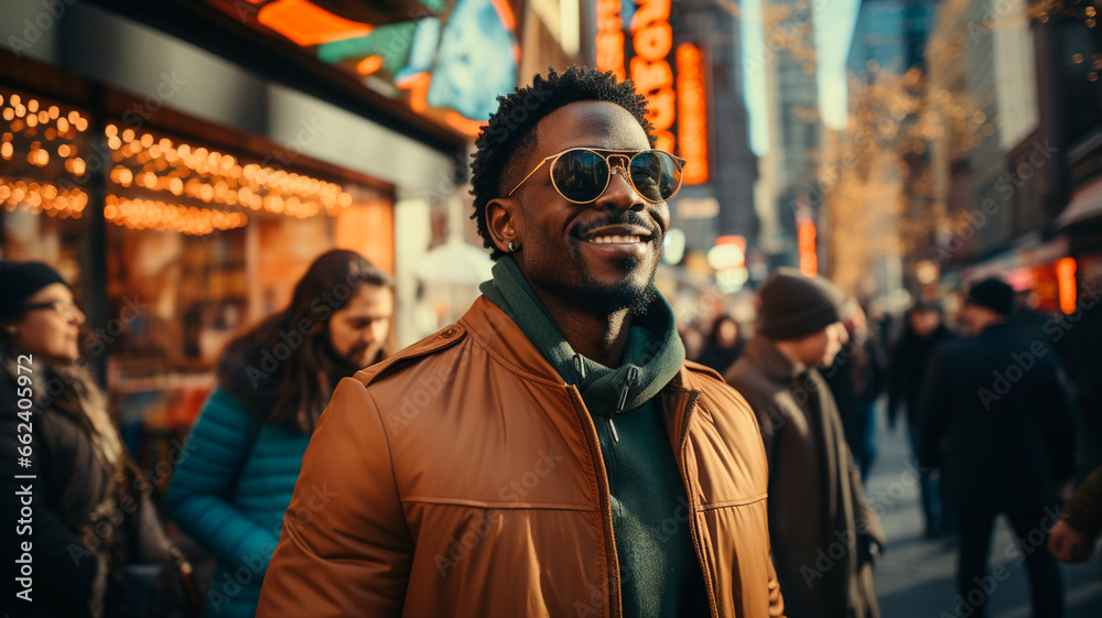 young african man with stylish hairstyle in black coat with stylish sunglasses and hat walks around city street at night. young african man with stylish hairstyle in black coat with stylish sunglasses and hat walks around city street at night.